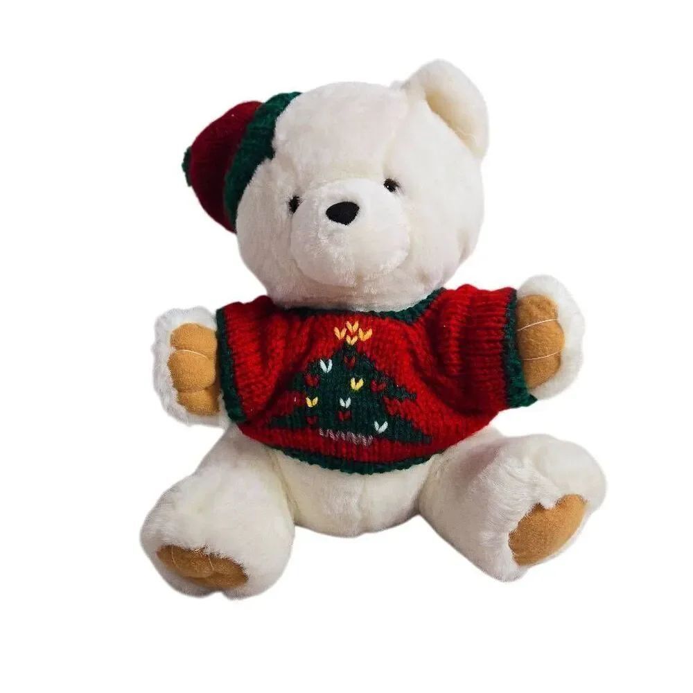 Vintage White plush bear with a red and green Christmas tree sweater and a match